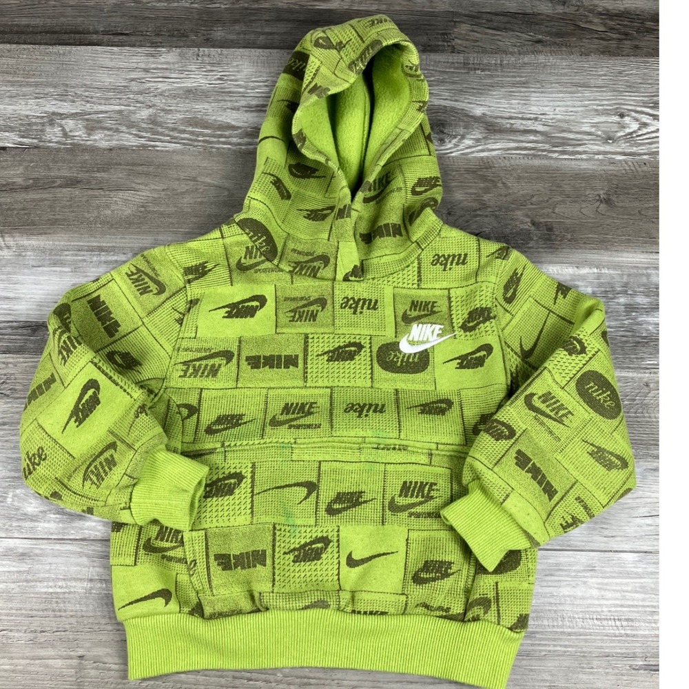 Nike Toddler Boys Lime Green All Over Logo Print Pullover Hoodie 3T Fleece